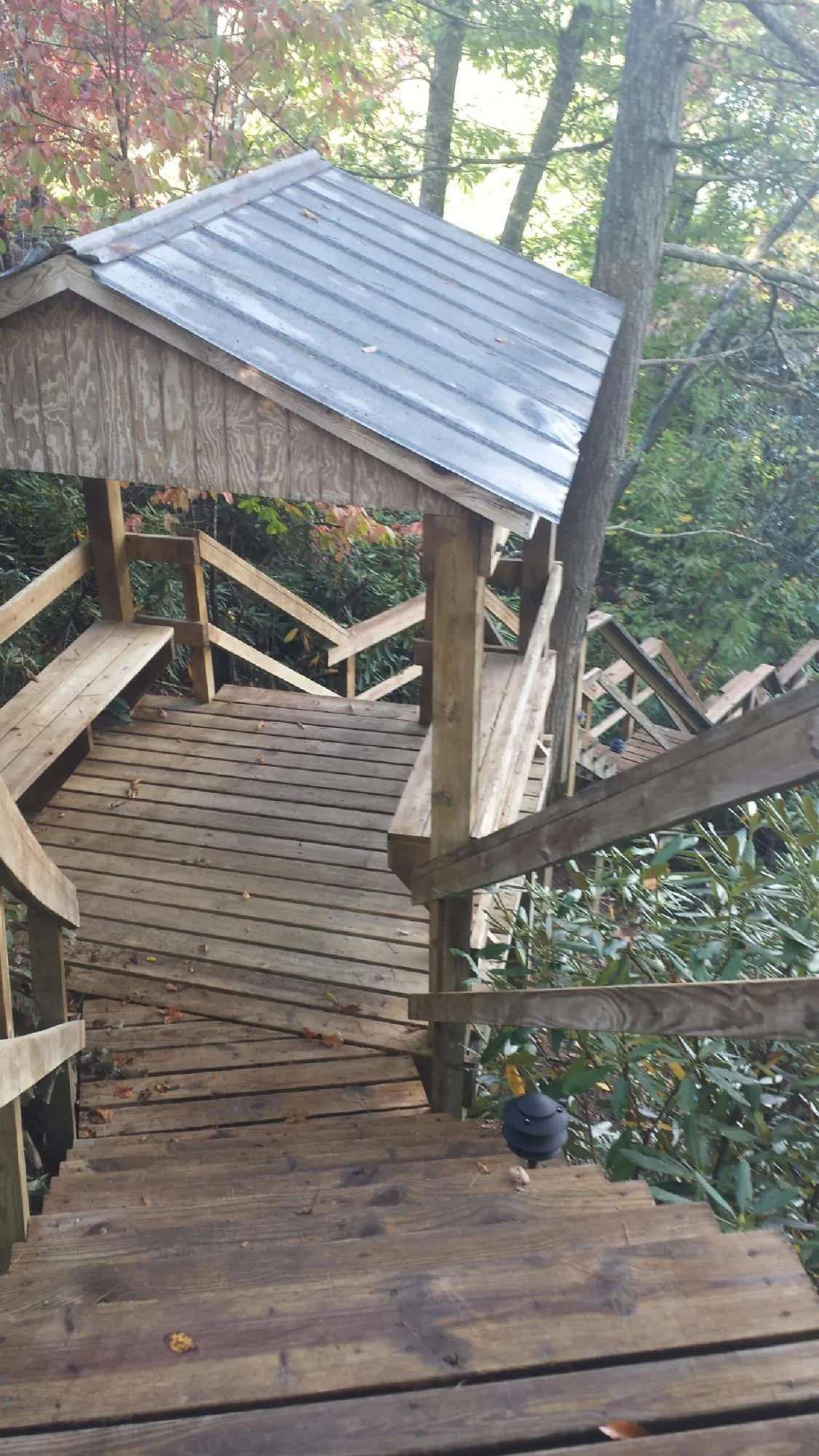Metal roofed shelter over wooden steps on a wooded walkway — Skylight Repair & Installation work by our crew in Villa Park